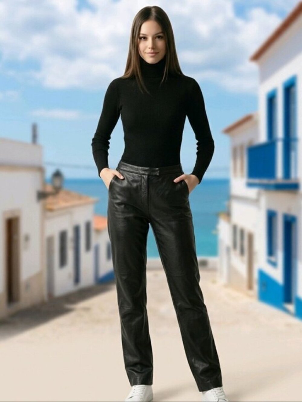 BCBG for Nordstrom SZ 8 Black Leather Pants Lined Straight Leg Biker Moto Edgy